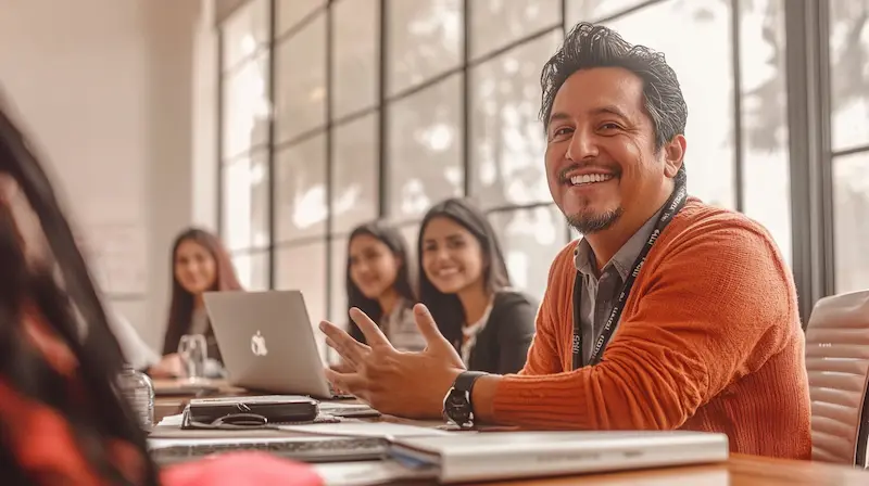 Hombre de 45 años sonriendo en reunión. Rehabilitación oral en Bogotá