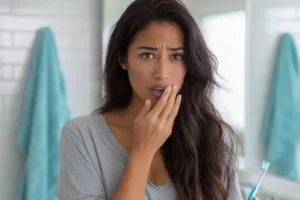 Mujer frente al espejo con un cepillo de dientes, preocupada por el mal aliento persistente