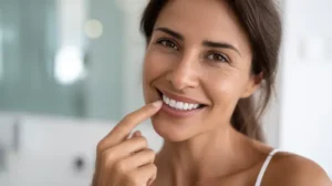 Persona revisando sus dientes y encías frente al espejo para detectar placa bacteriana y cálculo dental
